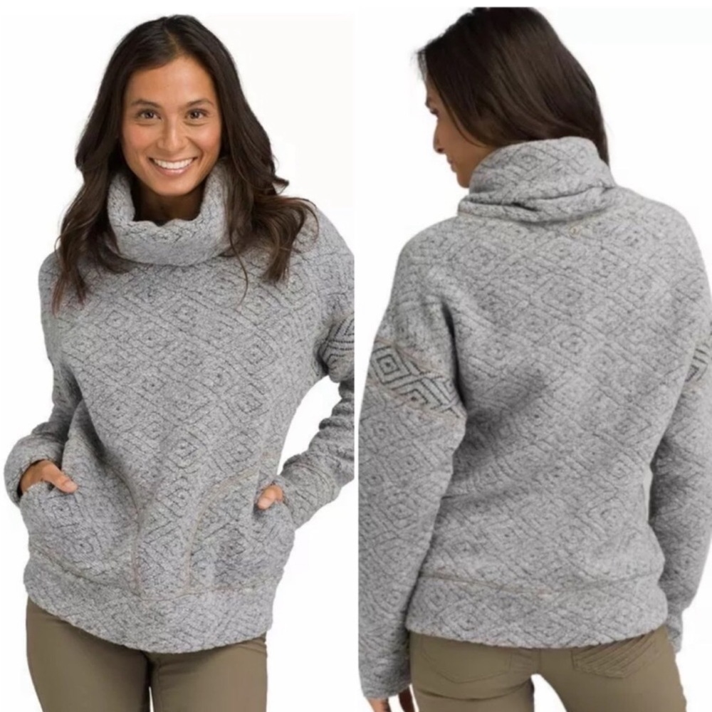 Prana Crestland Pullover Sweater Heater Gray Roll Collar Turtleneck Funnelneck